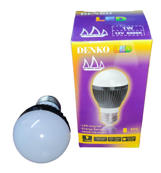 1W DENKO E27 LED light for battery with energy-saving design and long lifespan next to purple and yellow packaging