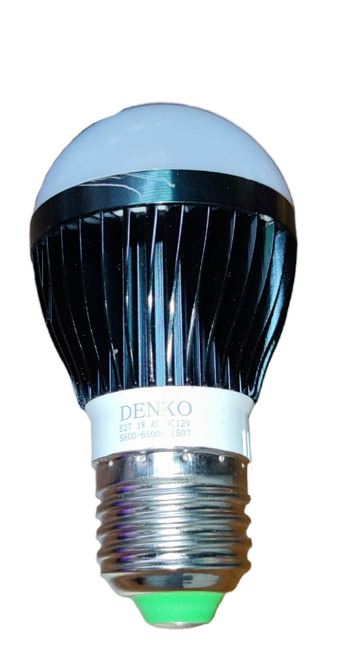 1W DENKO E27 LED light for battery with black heat sink and white diffuser bulb
