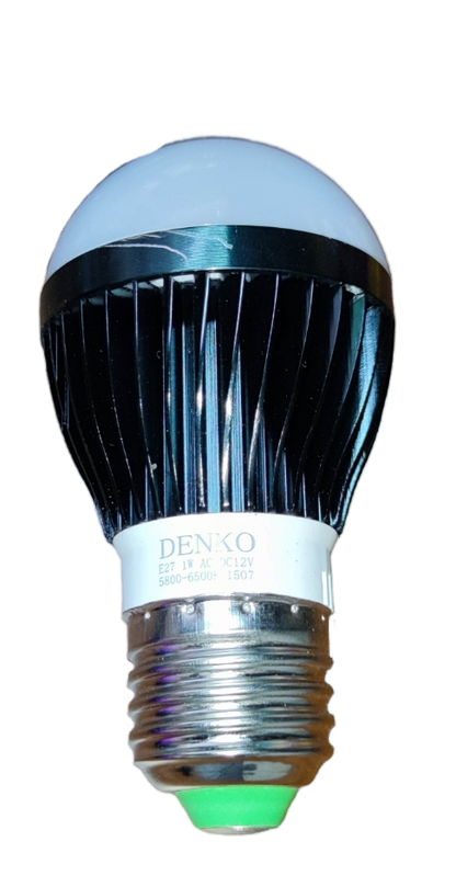 1W DENKO E27 LED light for battery with black heat sink and white diffuser bulb