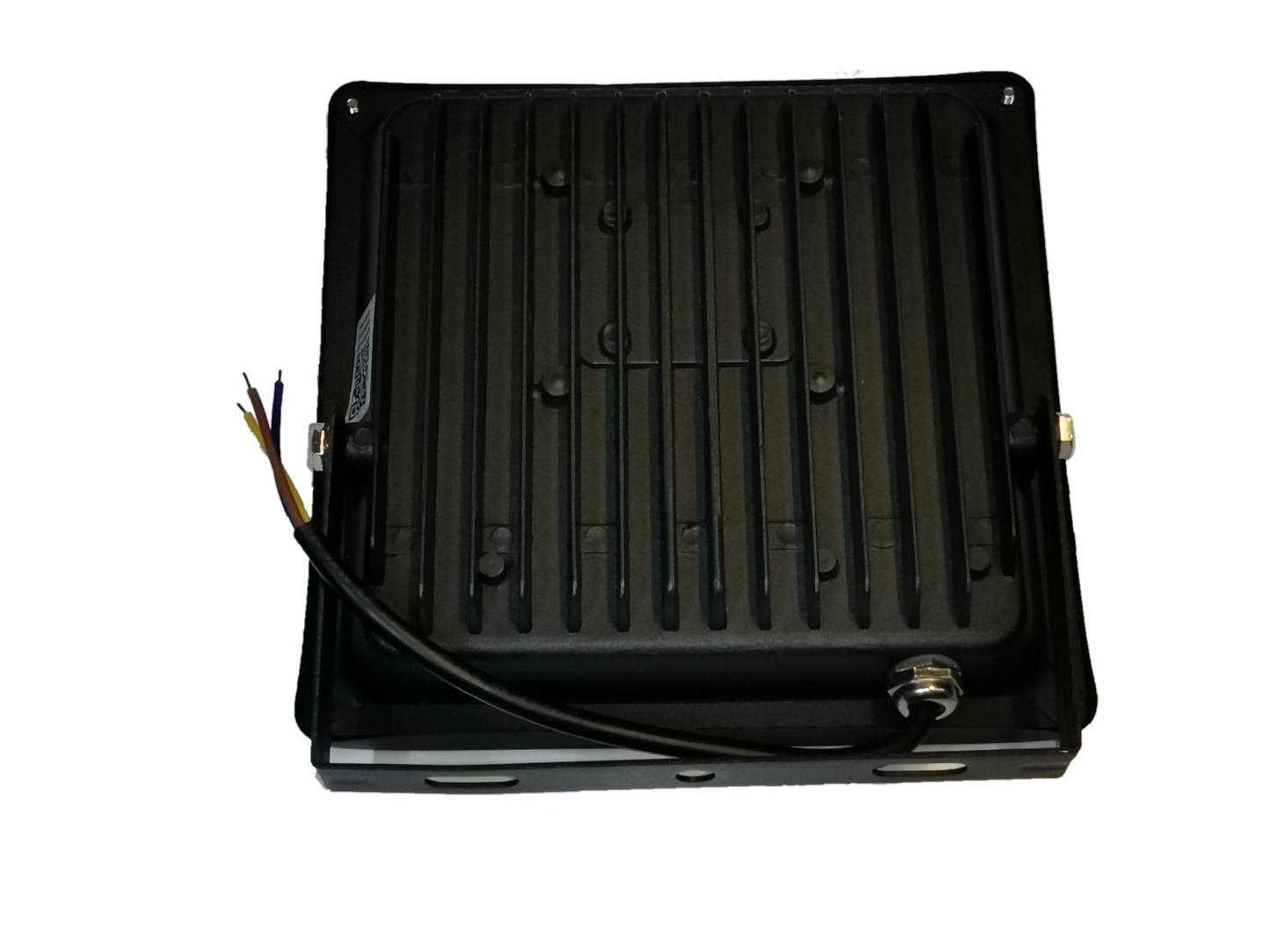 Back view of 20W Denko daylight LED floodlight 220V showing black ribbed heat sink and wiring