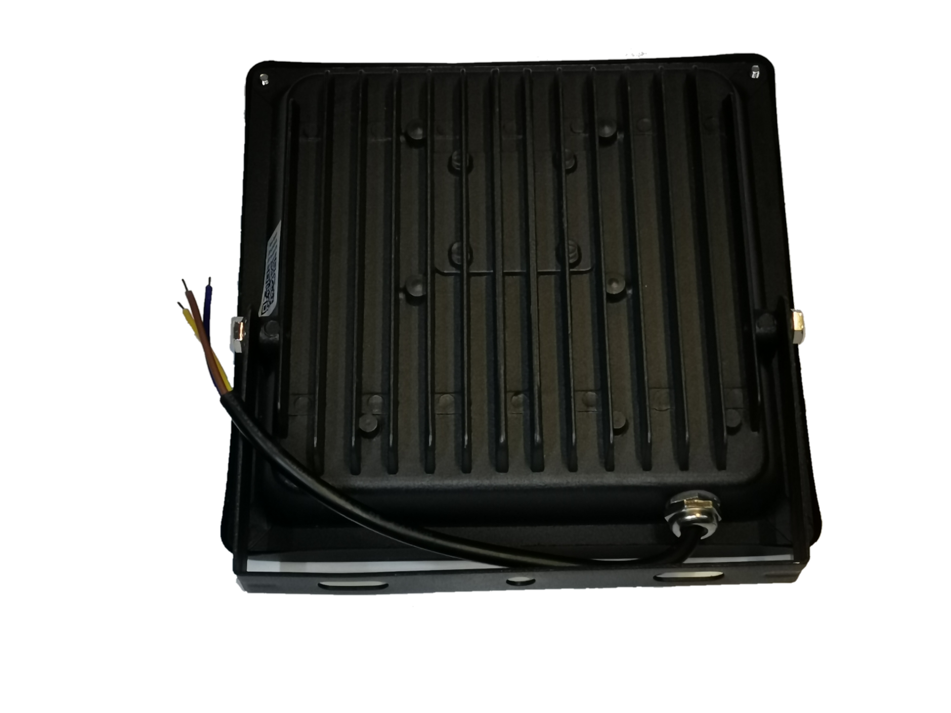 Back view of 20W Denko daylight LED floodlight 220V showing black ribbed heat sink and wiring
