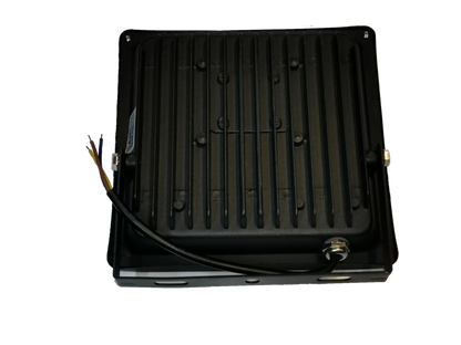 Back view of 20W Denko daylight LED floodlight 220V showing black ribbed heat sink and wiring