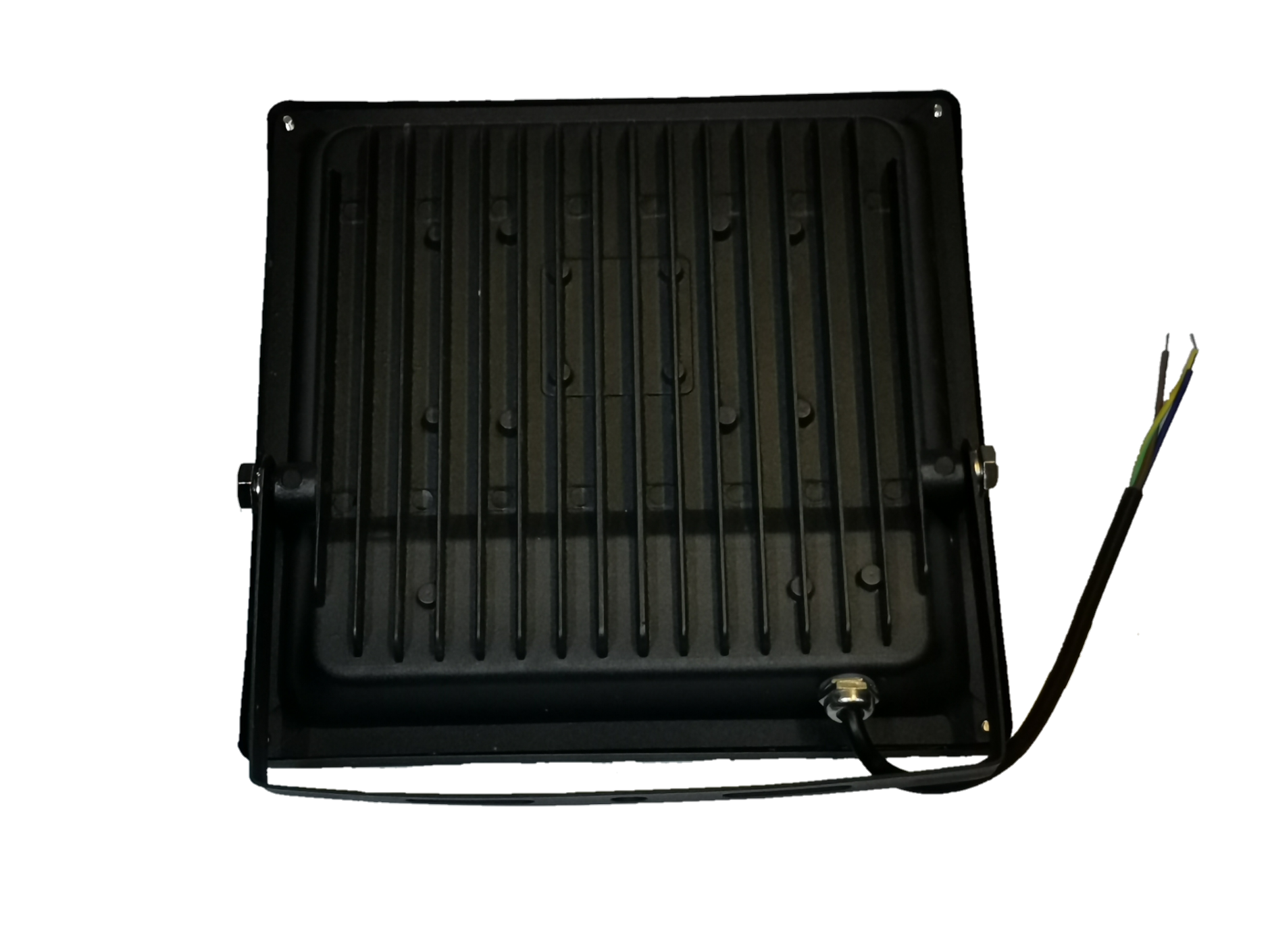 Back view of DENKO 30W 220V outdoor LED light by Electx Electrical Supply with black metal casing and attached wiring