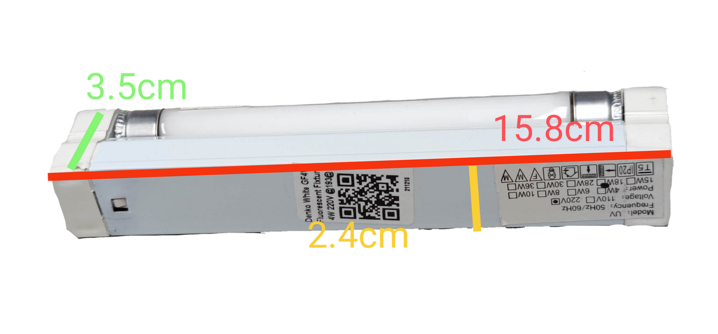 4W T5 ultraviolet lamp with fixture from Electx Electrical Supply showing compact white design with measurements