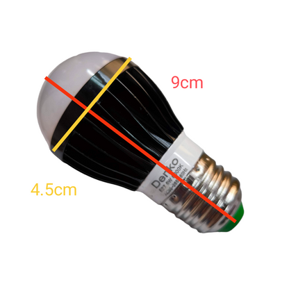 Denko 5W LED bulb E27 220V with black heat sink and frosted white top, 9cm length and 4.5cm diameter