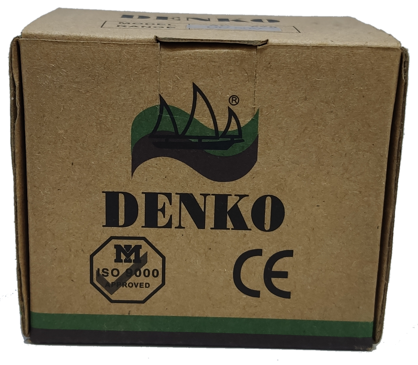 Denko DC Volt Panel Meter Packaging Box with Clear Branding and Certification Mark