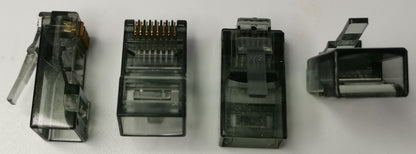 Grippes Powerline Network Adapter Denko RJ45 Connector colored clear plastic Ethernet connectors shown from multiple angles