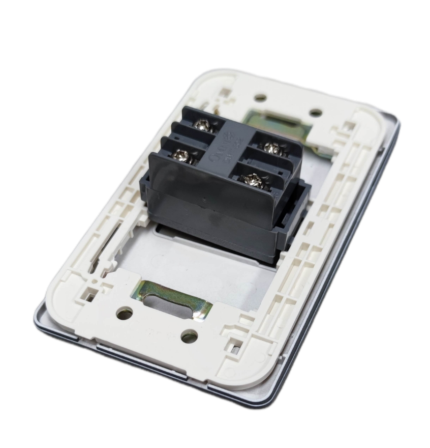 Omni designer telephone outlet graphite with white frame and wired connectors for telephone installation