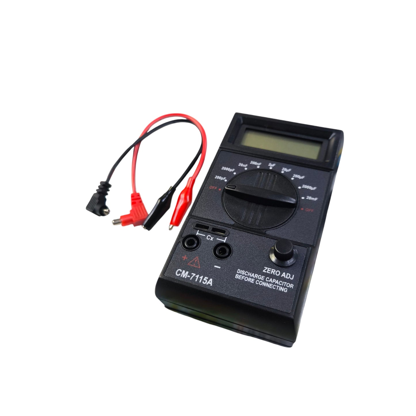 Digital capacitance tester with display and test leads for measuring capacitor values
