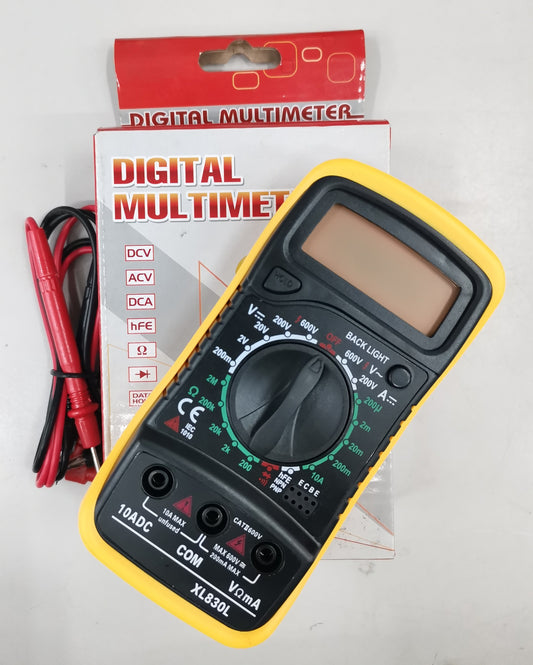 Yellow and black digital multi-meter with test probes and packaging for electrical measurements