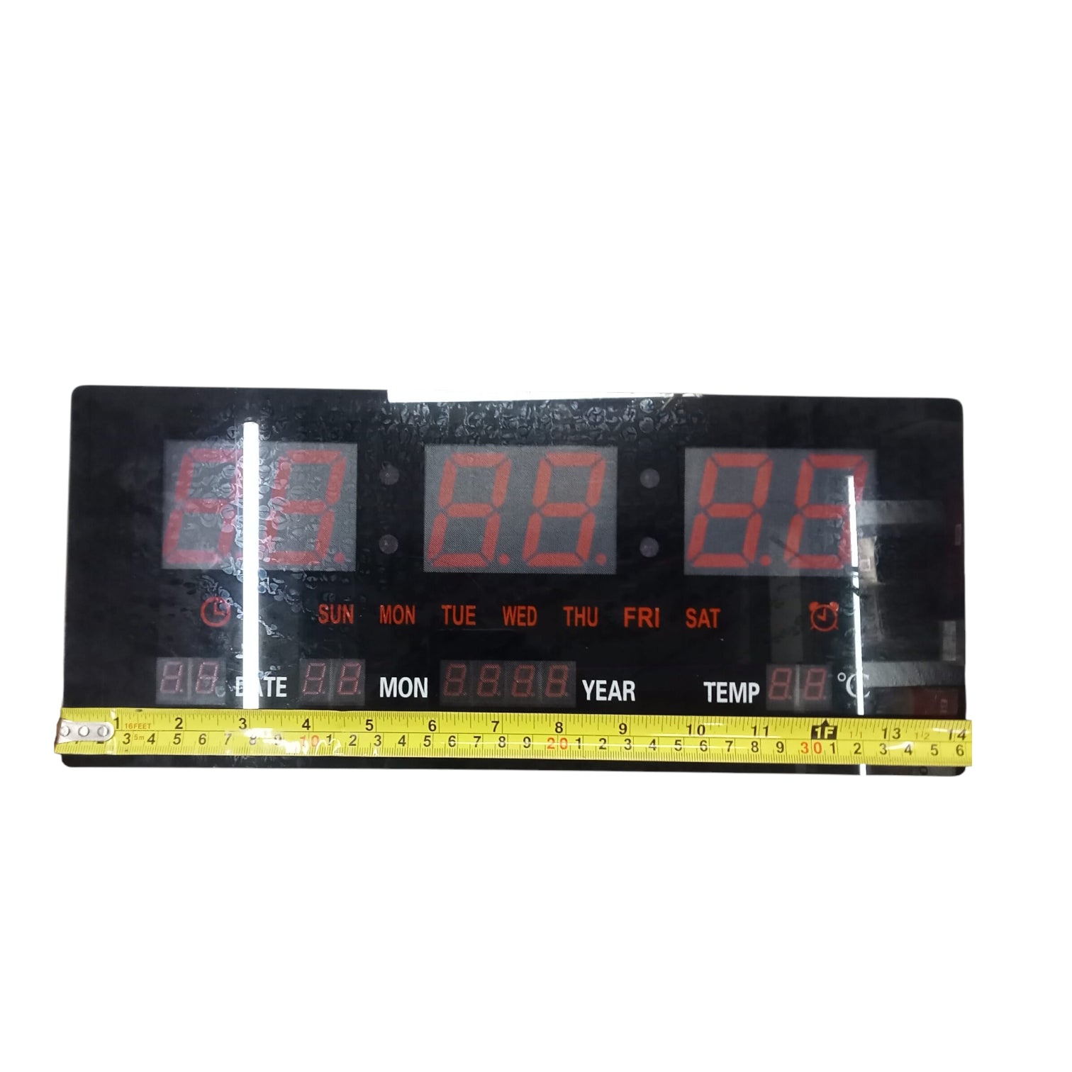 Large digital wall clock 220V displaying time, date, and temperature with clear red digits