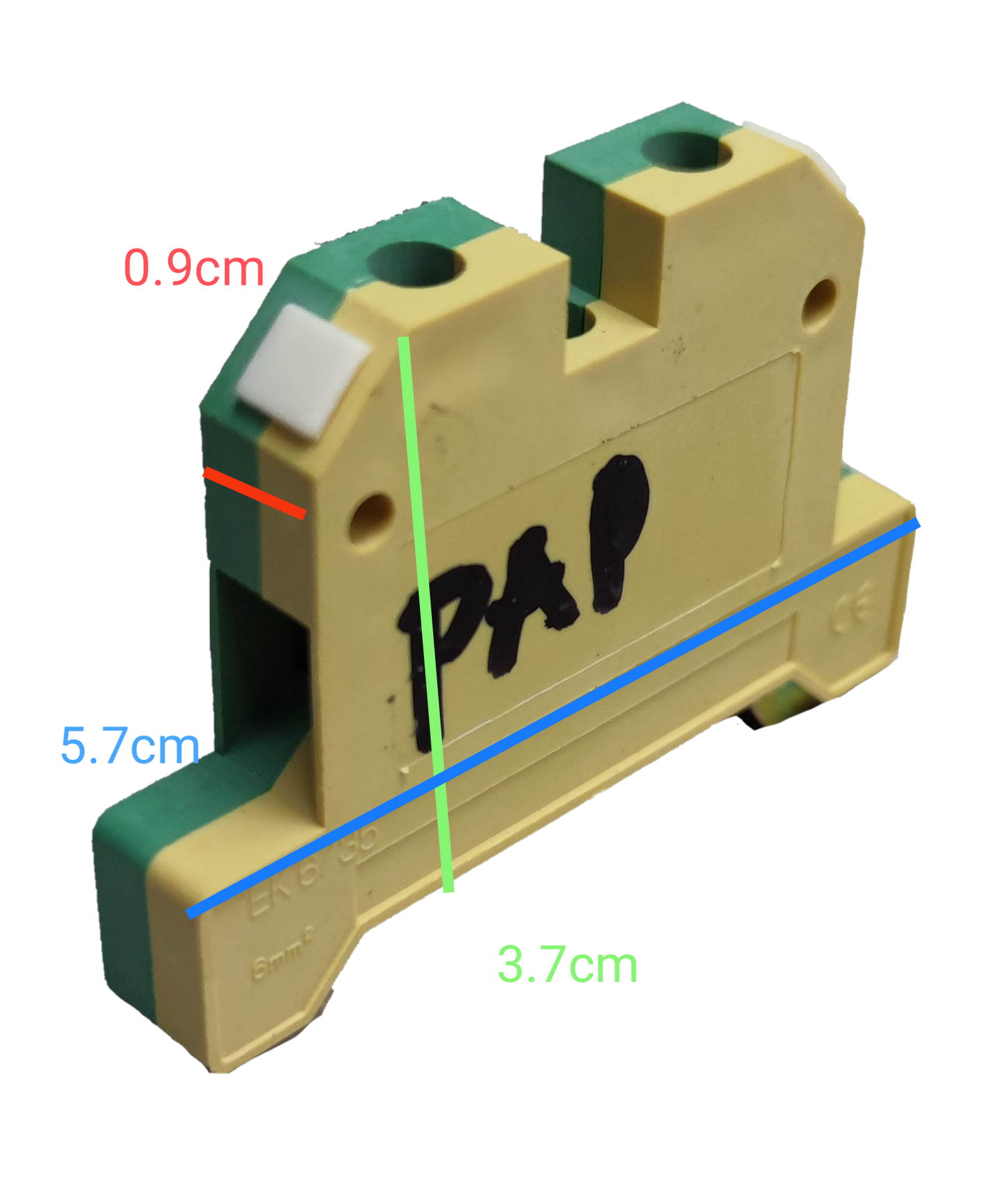 Grippes DIN rail terminal block yellow green with measurements shown for electrical circuitry parts