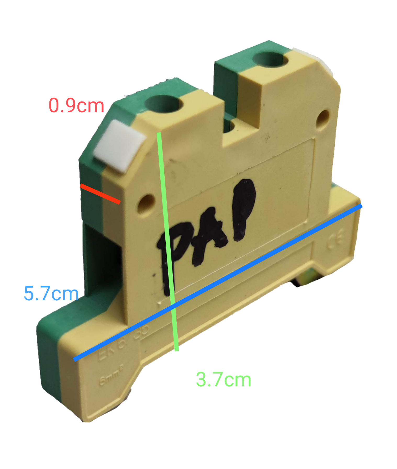 Grippes DIN rail terminal block yellow green with measurements shown for electrical circuitry parts