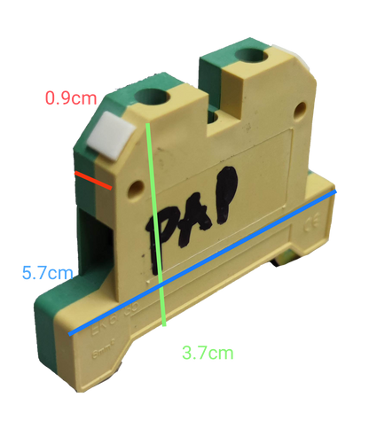 Grippes DIN rail terminal block yellow green with measurements shown for electrical circuitry parts