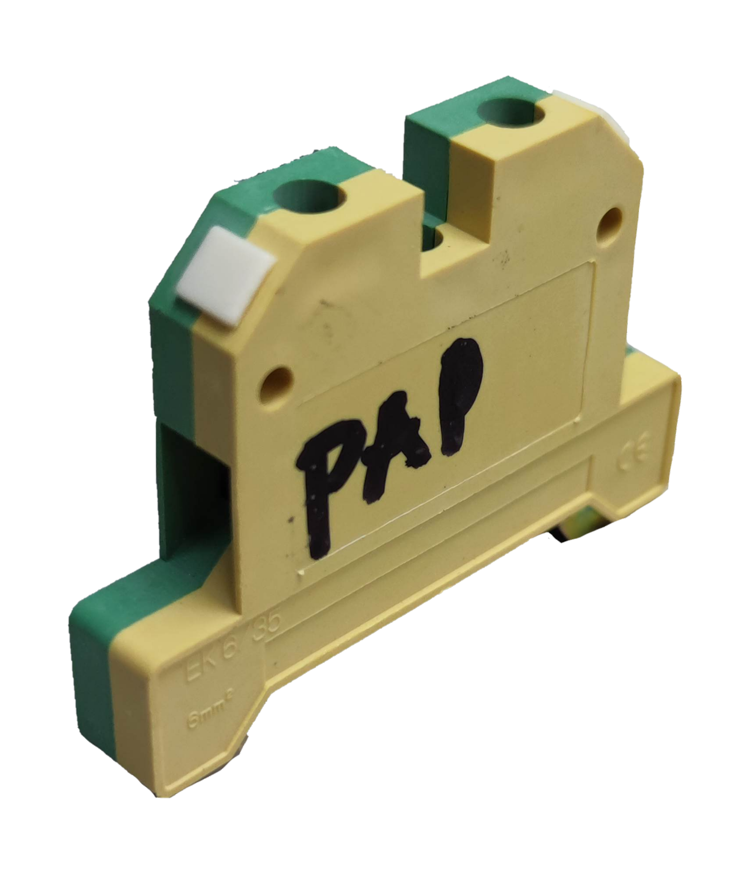 Grippes electrical DIN rail terminal block yellow green with mounting slots and labeled PAP