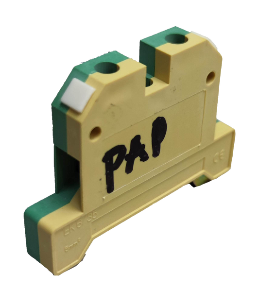 Grippes electrical DIN rail terminal block yellow green with mounting slots and labeled PAP