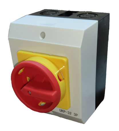 Grippes Disconnect Switch 3 Pole 32A featuring a red rotary handle for safe electrical control