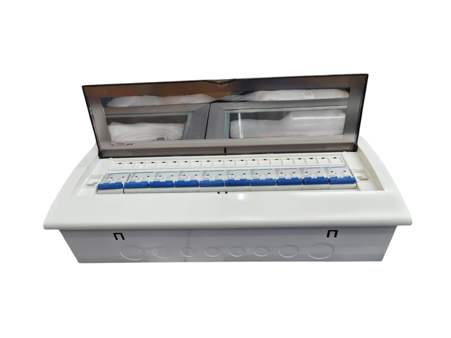 Chint distribution box with Bus Bar Flush Type featuring multiple blue circuit breakers and transparent cover