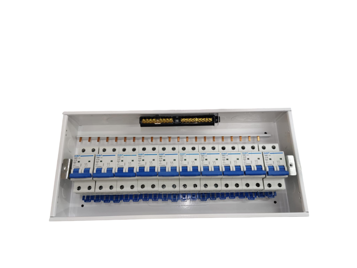 Chint Distribution box with Bus Bar Flush Type featuring multiple circuit breakers in a white enclosure