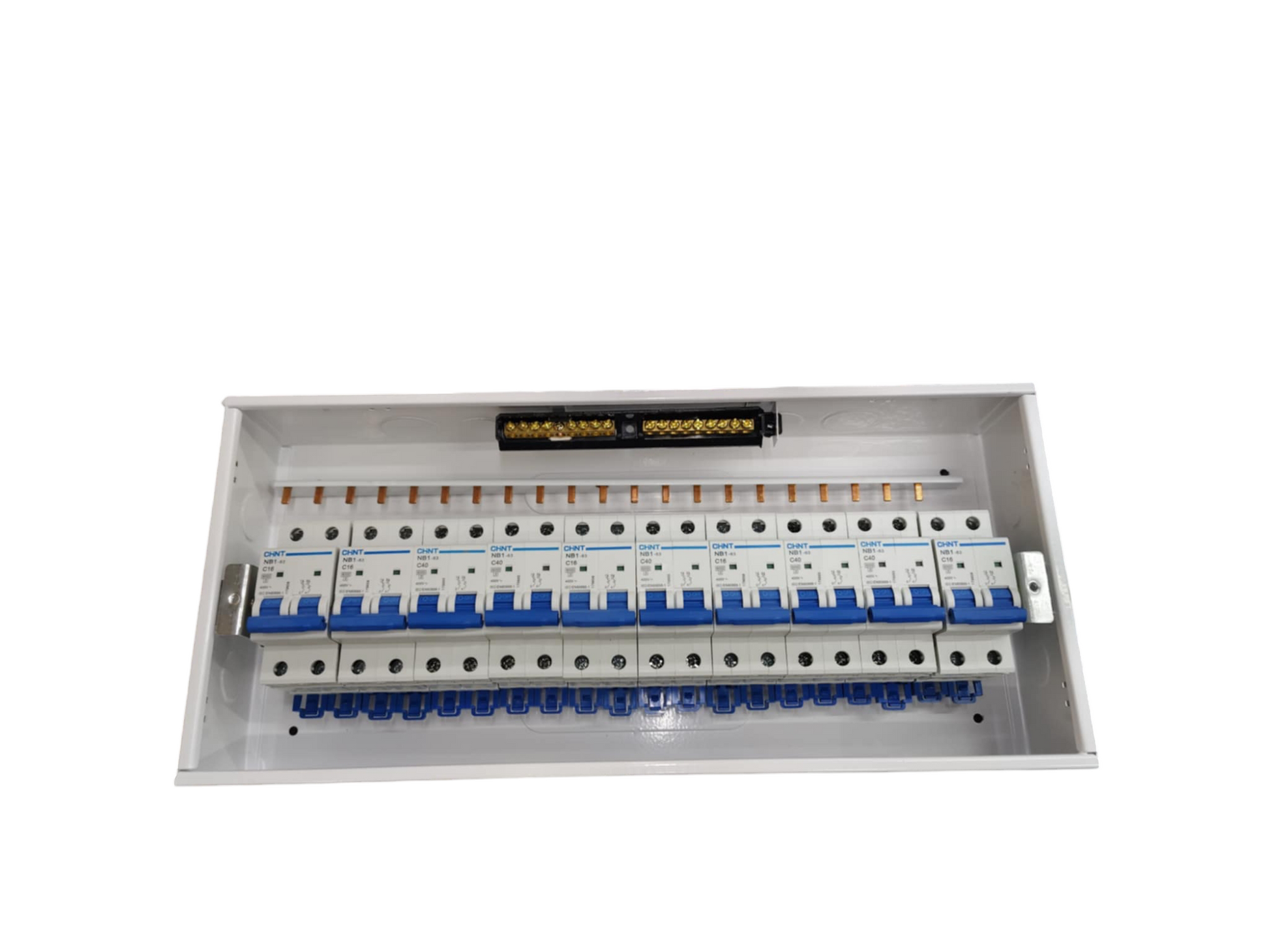 Chint Distribution box with Bus Bar Flush Type featuring multiple circuit breakers in a white enclosure