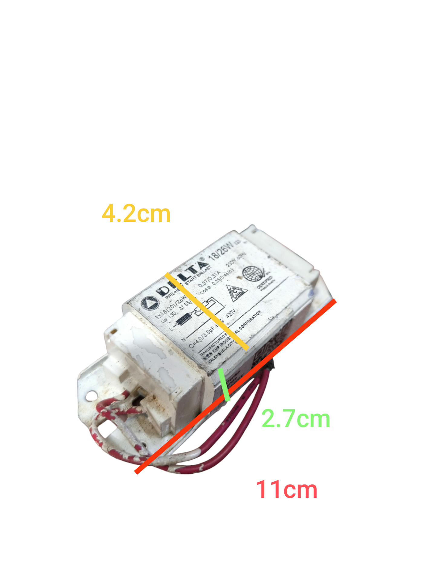 GE fluorescent magnetic ballast 220V electrical component with wiring and dimensions shown