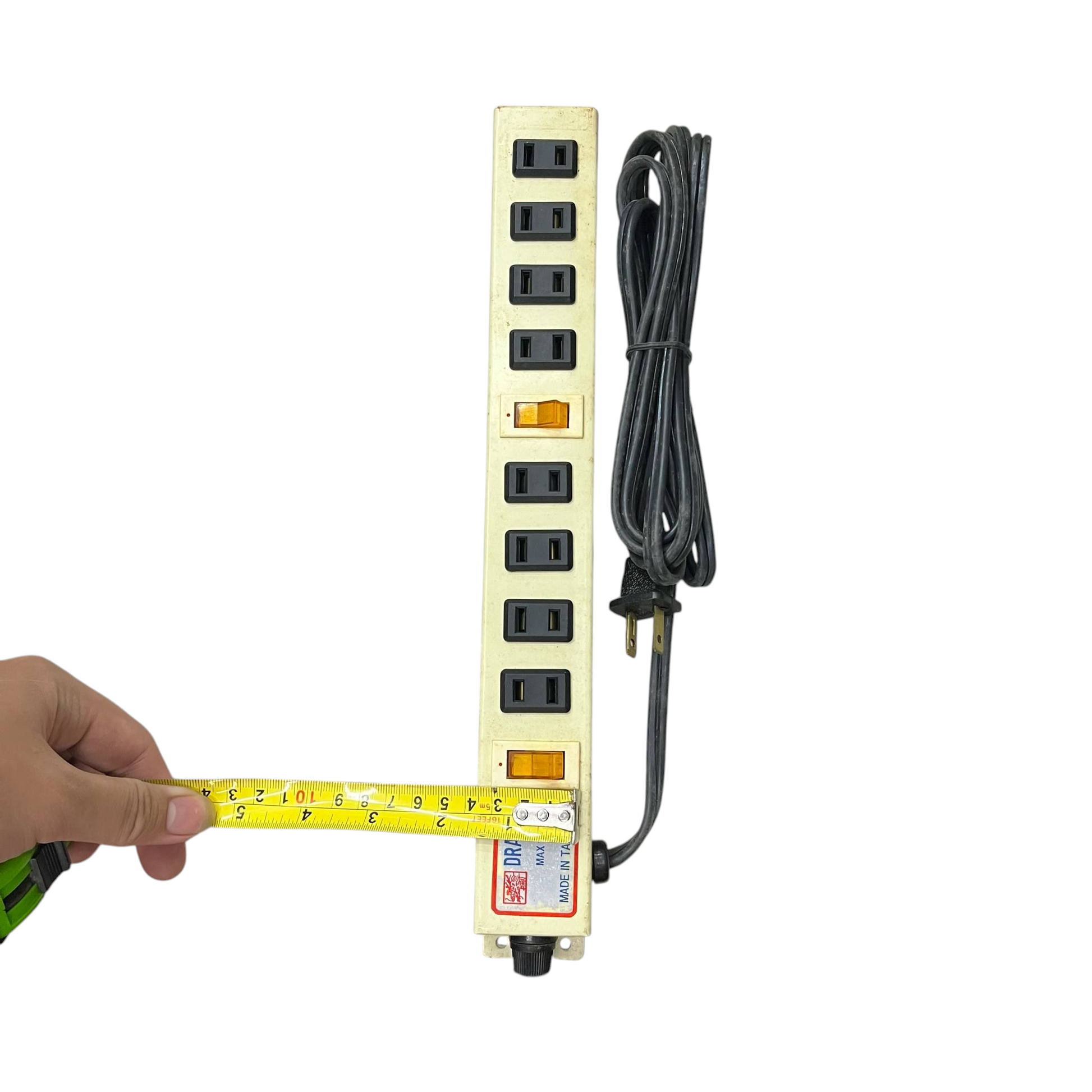 8 gang extension cord 220V power strip with eight outlets and measuring tape showing length