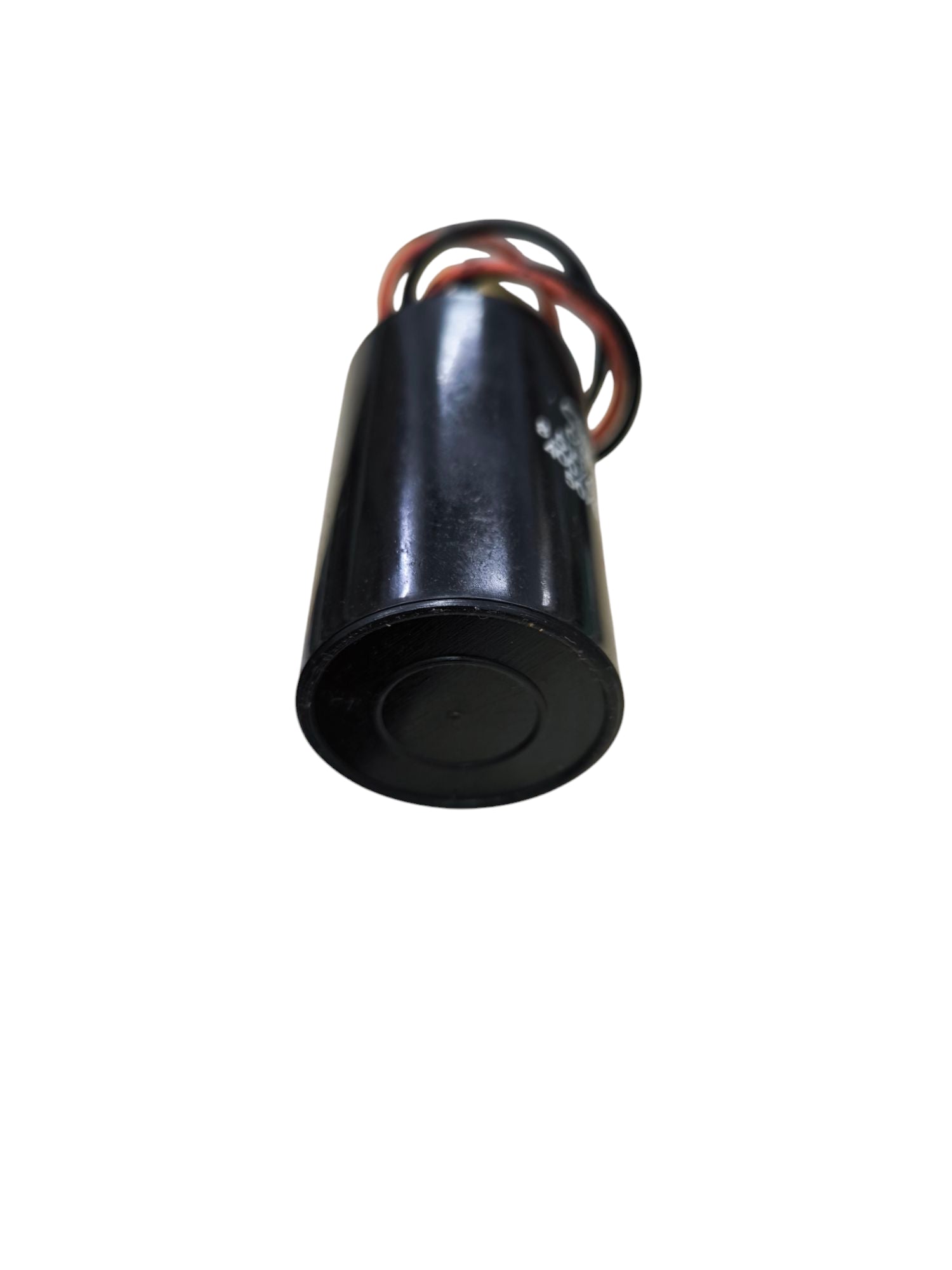 Dual capacitor 200V and 450V electrical component with black casing and attached wires