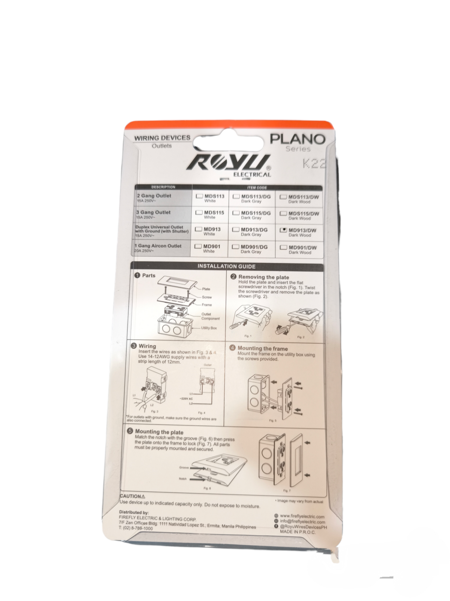 Royu 15A 250V duplex wall socket dark wood packaging with installation guide and specifications