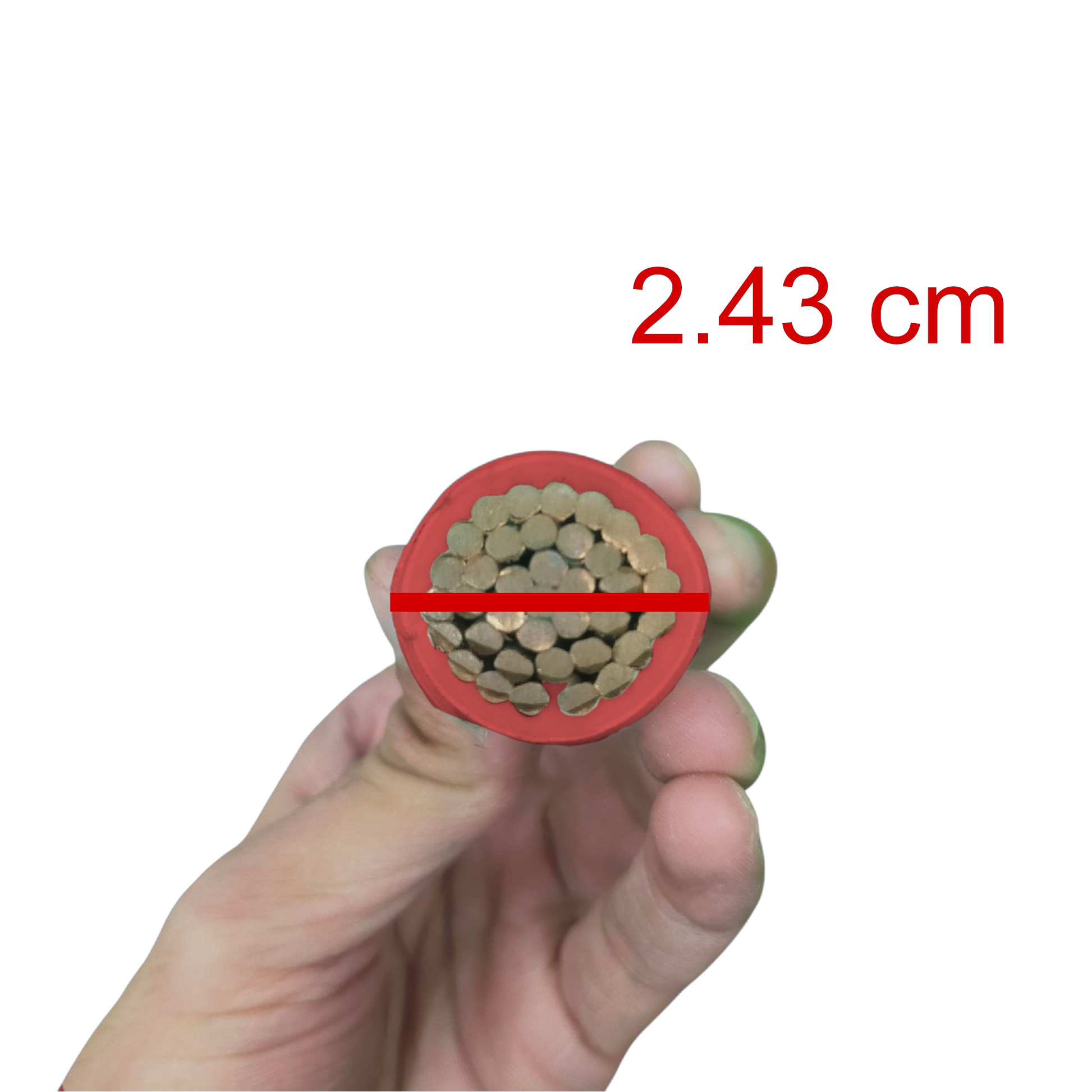 Duraflex THHN 500MCM wire red showcased in hand, measuring 2.43 cm in diameter for electrical applications