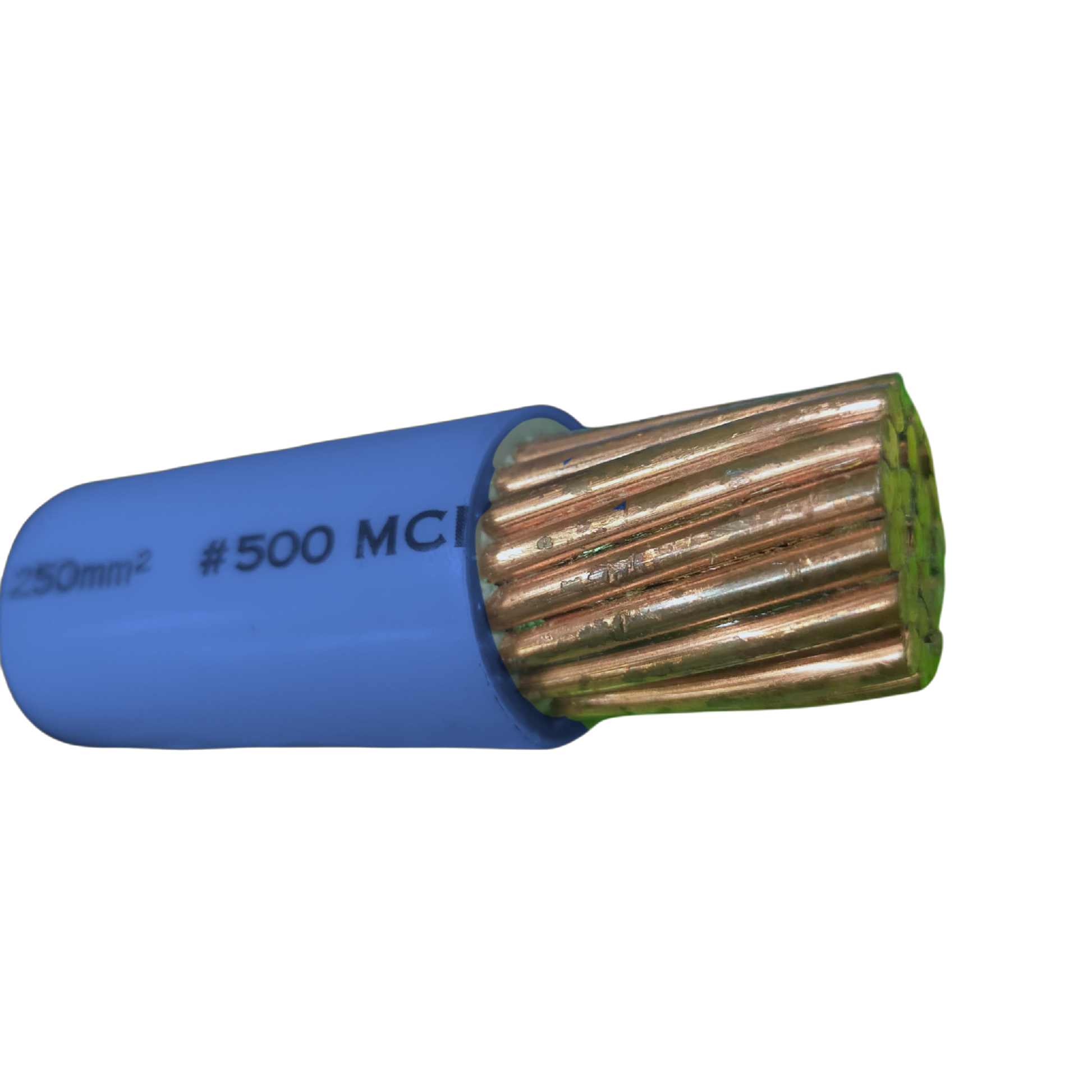 Duraflex THHN wire 500MCM per meter featuring a blue insulation and multiple strands for enhanced conductivity