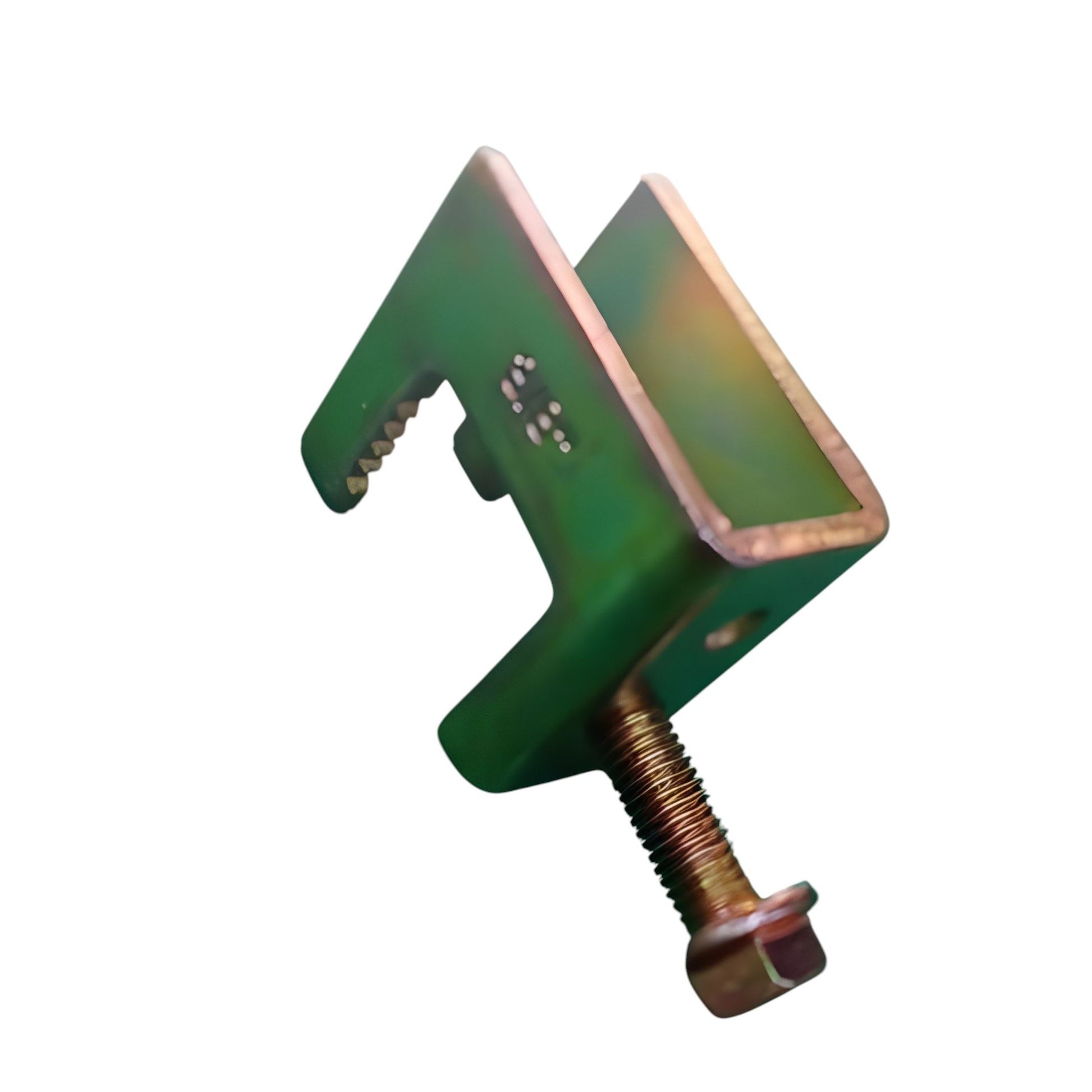 Steel Beam Clamp zinc plated green finish with serrated jaw and bolt for cable management on beams