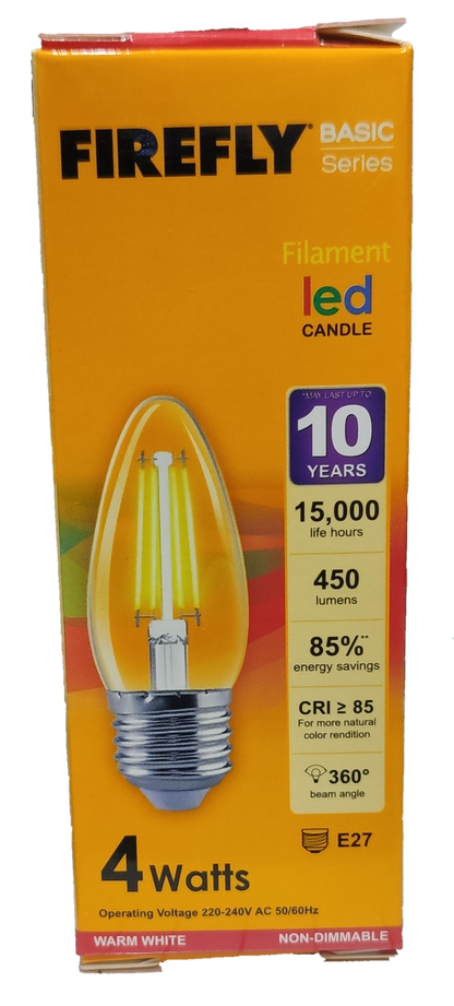Firefly 4W LED Candle Bulb Filament Type E-27 Warm White 220V, E27 Candle