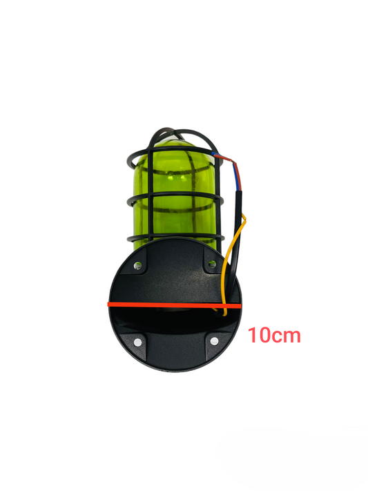 Biglite E27 60W green glass lamp with protective black metal cage and wiring for lighting installation