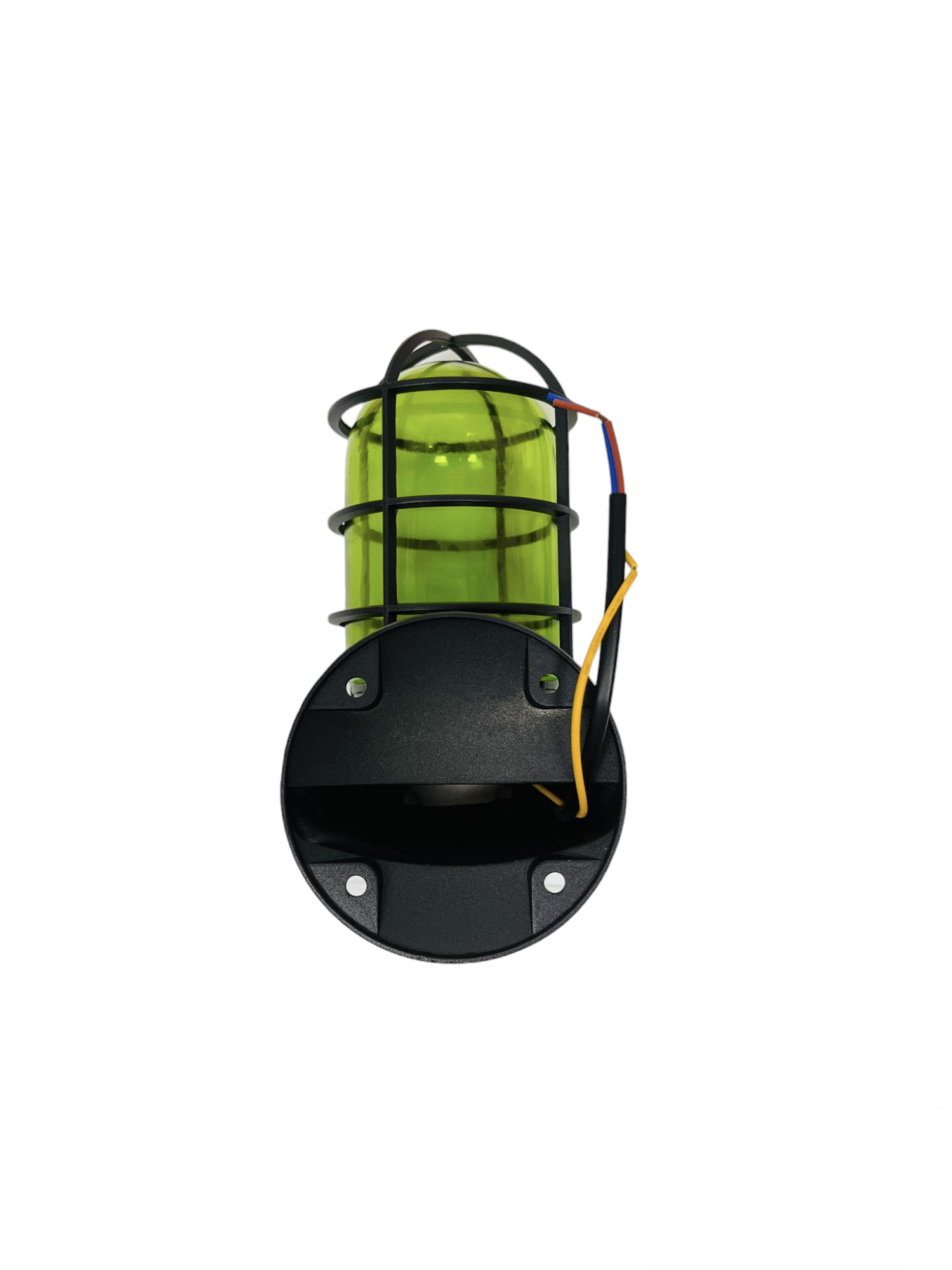 Biglite E27 60W green glass lamp with black metal protective cage and wiring for lighting installation