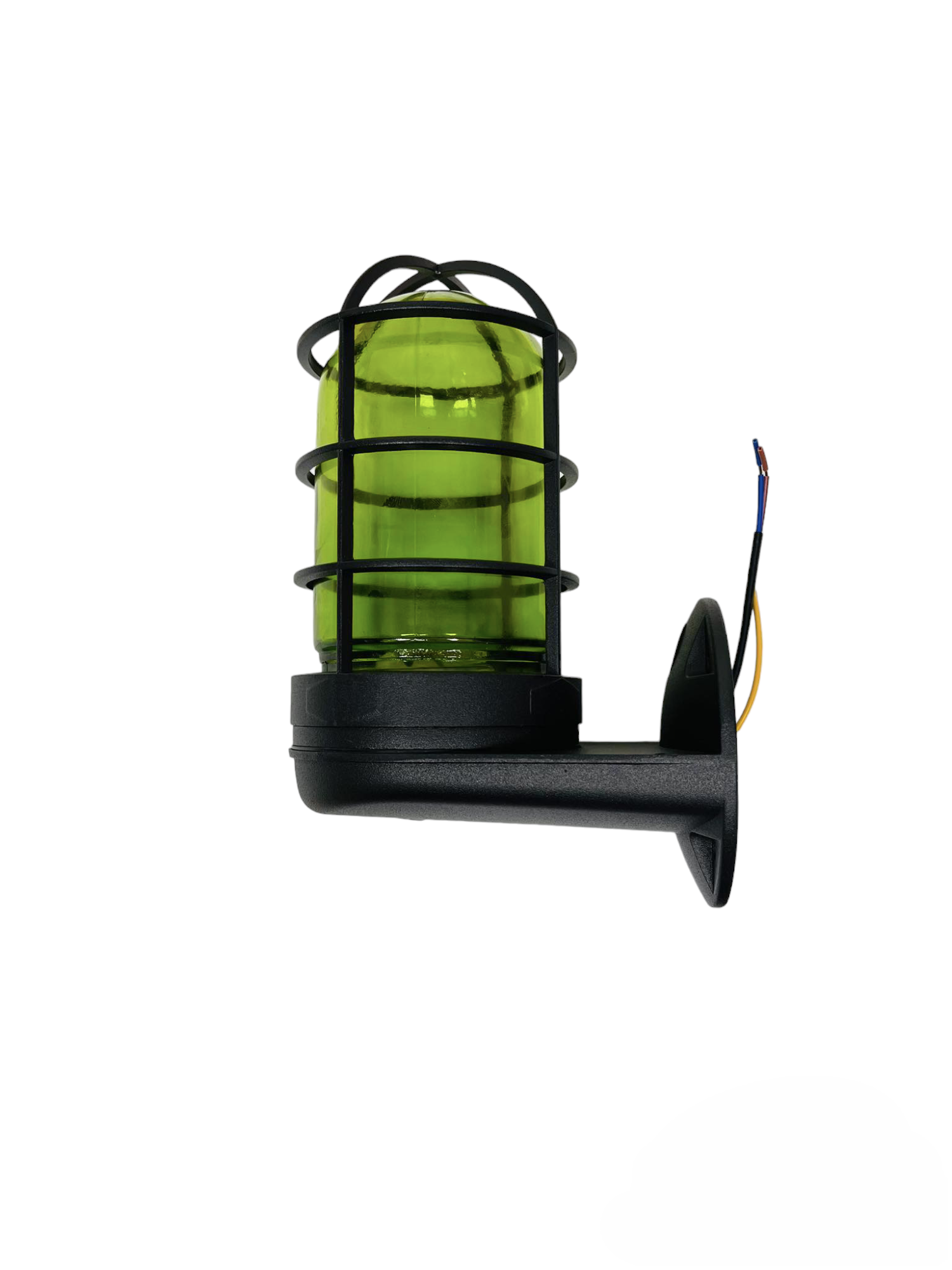 Biglite E27 60W green glass lamp with black protective cage and mounting bracket for lighting installation