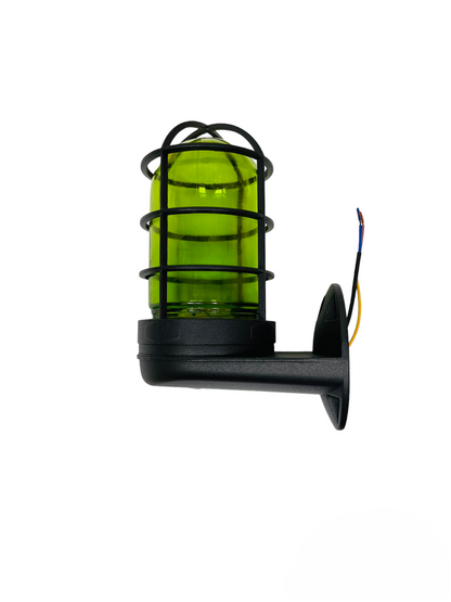 Biglite E27 60W green glass lamp with black protective cage and mounting bracket for lighting installation