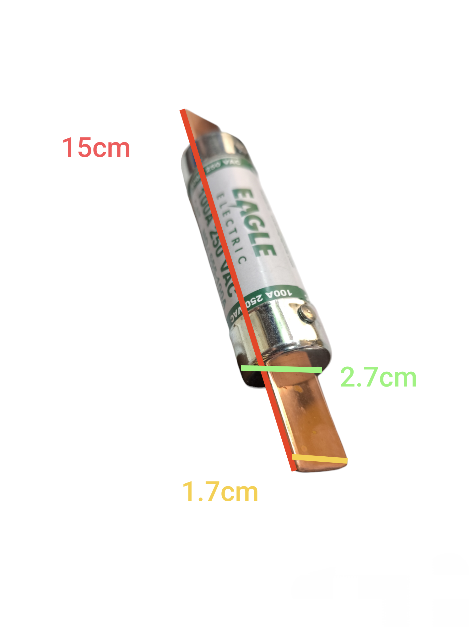 Eagle 100A Non- Renewable Fuse electrical component with metal and plastic parts measuring 15cm length