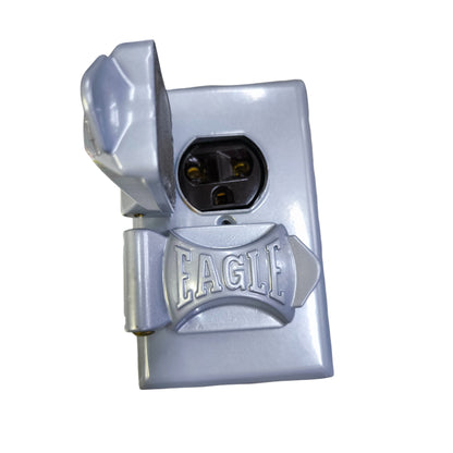 Eagle weatherproof silver wall mount box with hinged flip cover and 15A 250V outdoor electrical socket.