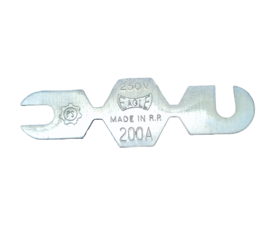 Eagle 200A 250V fuse link with a silver finish and dual connector design for electrical systems