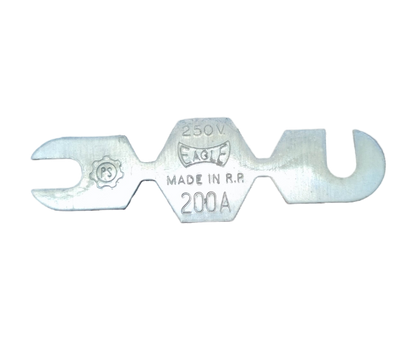 Eagle 200A 250V fuse link with a silver finish and dual connector design for electrical systems