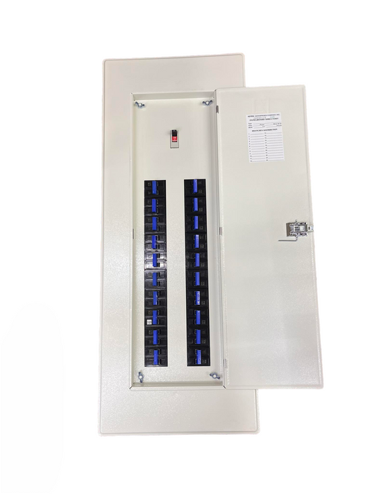 Koten 250 amp 2 pole main breaker panel metal enclosure with open door showing two columns of breakers