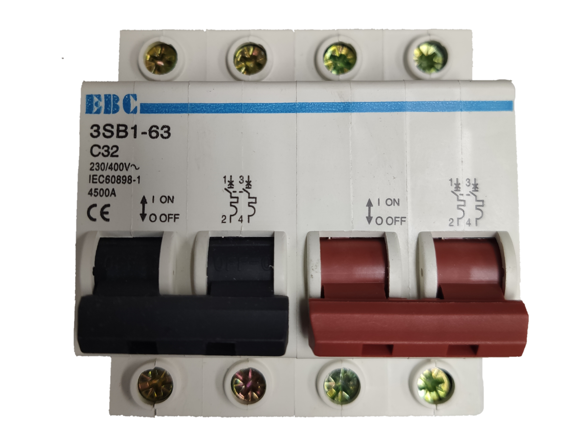 Electx Electrical Supply MTS 32A 2Pole Single Phase 4.5KAIC. white 2 pole circuit breaker with red and black switches
