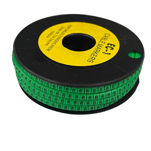 Grippes Cable Marker 6 Green spool on black reel showing repeated 6 cable labels