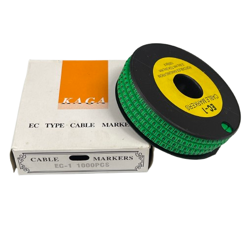 Grippes Cable Marker 6 Green roll of numeric cable markers on black spool next to white box for cable management