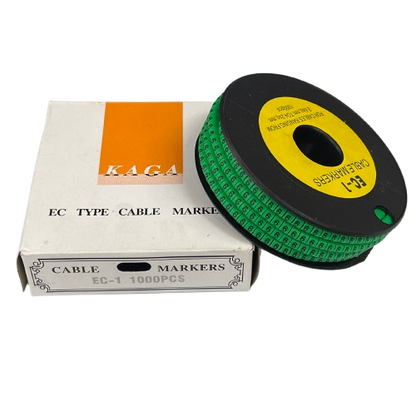 Grippes Cable Marker 6 Green roll of numeric cable markers on black spool next to white box for cable management