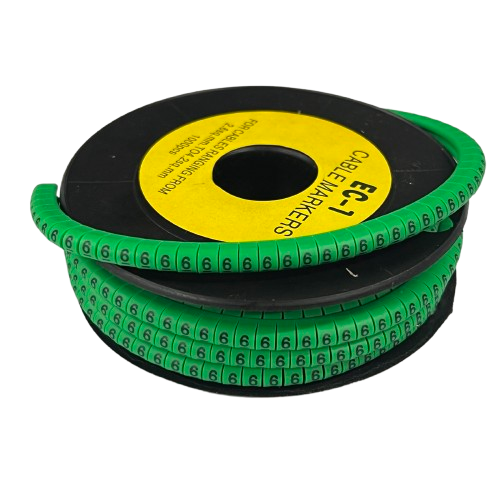 Grippes Cable Marker 6 Green spool showing flexible number 6 cable markers on black reel for cable management