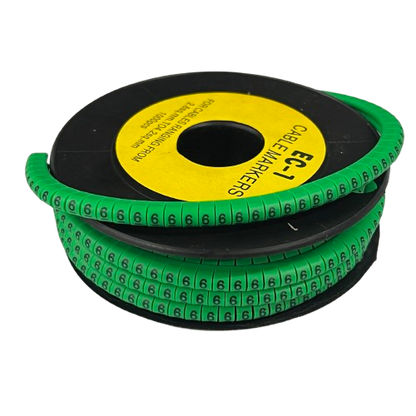 Grippes Cable Marker 6 Green spool showing flexible number 6 cable markers on black reel for cable management