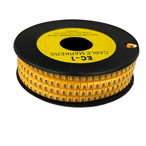 Spool of 5 Cable Marker Yellow adhesive ring labels on black reel for cable management