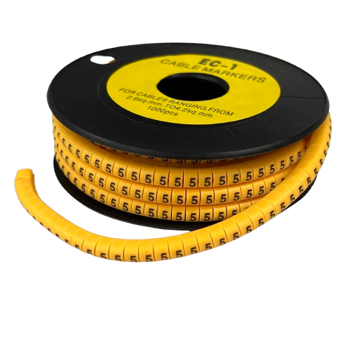 Spool of flexible 5 Cable Marker Yellow strips with repeated number 5 for cable identification and organization