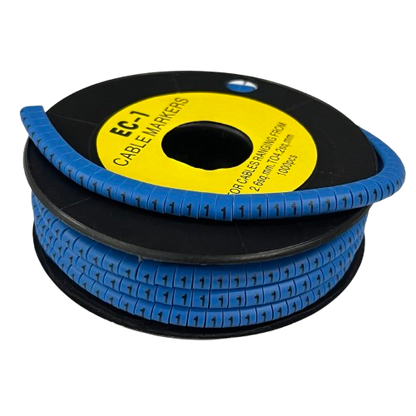 Spool of blue segmented cable markers Cable Marker Blue 1 printed numeric labels for organized cable management